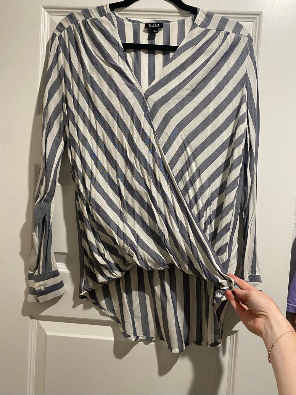 a.n.a Blue & White Striped Wrap-Style Blouse